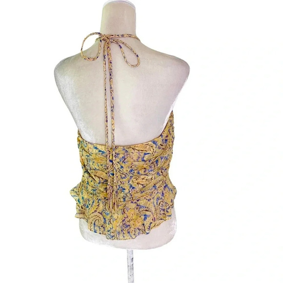 NWT Veronica Beard Silk Arienne Gathered Halterneck Top Yellow and Blue Size 14 - Picture 7 of 13